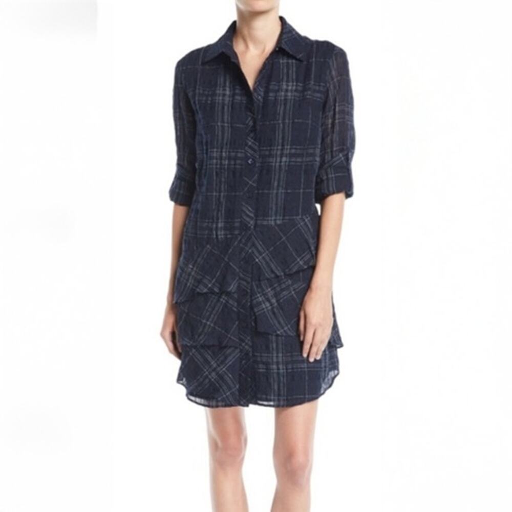 Finley Womens Jenna Linen Ruffle Hemline Roll Tab Sleeves Mini Shirt Dress Plaid